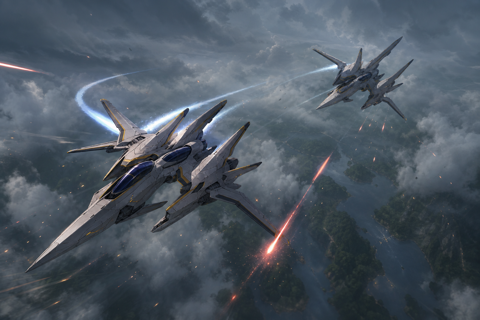 Starfighters dogfighting over misty terrain